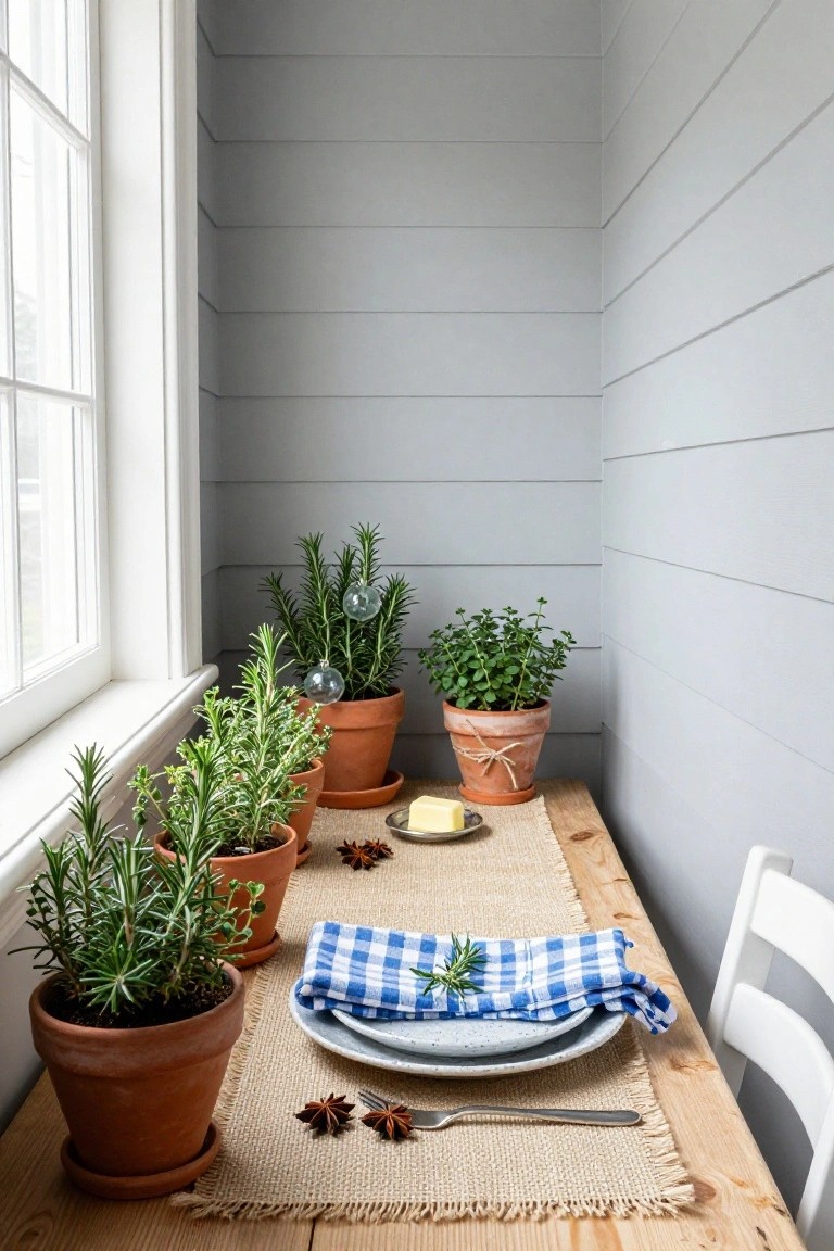 Wooden table in a gray shiplap room with potted rosemary plants around it, a blue checkered napkin holding a rosemary sprig, plate, butter dish, fork, star anise, and terracotta pots on windowsill near white-framed window.