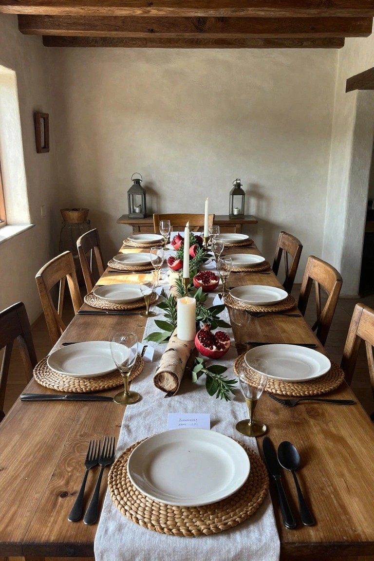 Wooden dining table set for eight with birch log runner, greenery, pomegranates, candles, white plates on woven placemats, wine glasses, black flatware, and wooden chairs in a rustic interior.