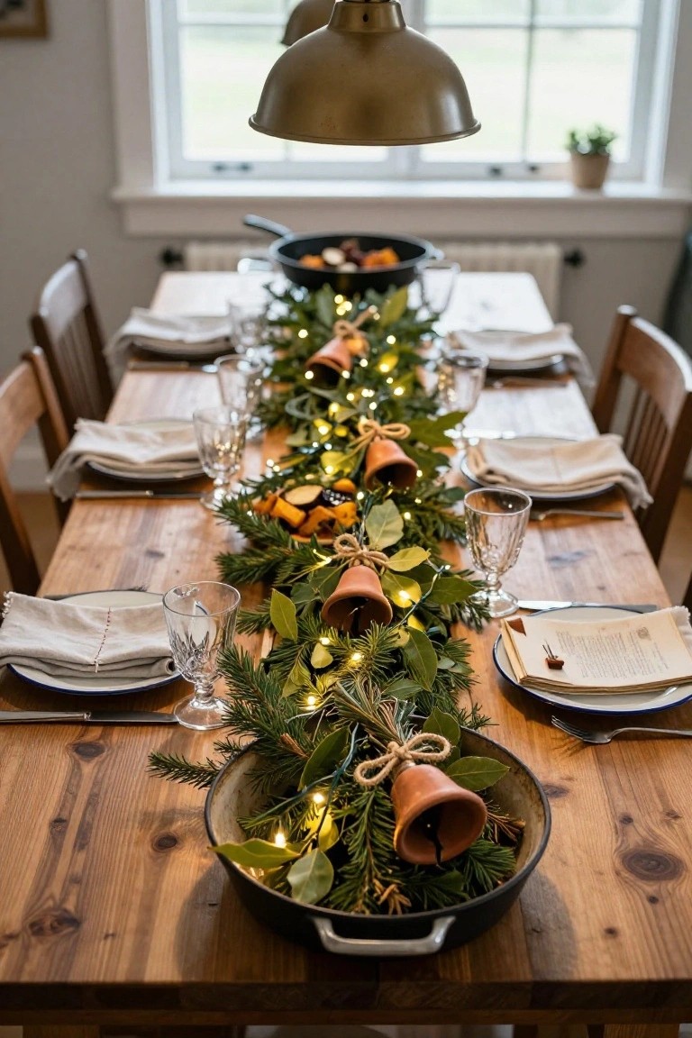 A wooden dining table set for Christmas with a lengthwise garland of evergreens, fairy lights, citrus fruits, bay leaves, and terracotta bells, plus white plates, linen napkins, and glassware at place settings.