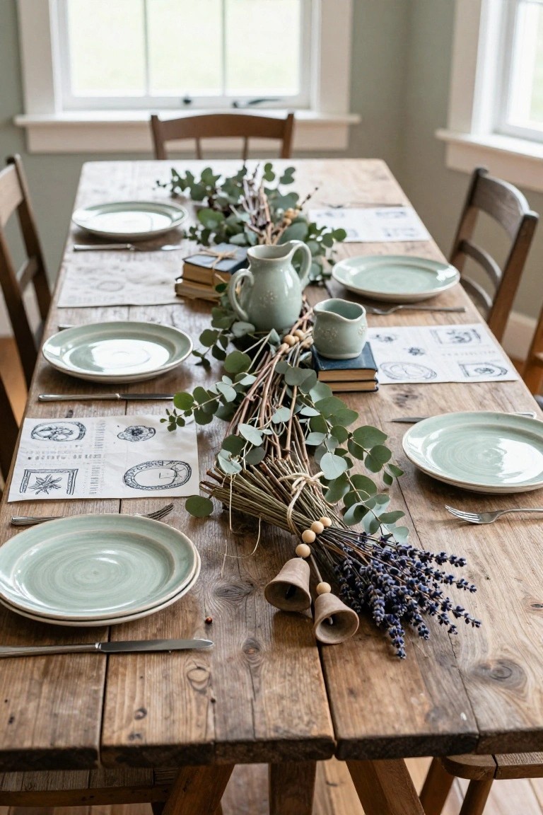 Wooden dining table with green plates, silverware, eucalyptus branches, lavender stems, small green pottery pitchers, bells, wooden beads, and paper placemats as a centerpiece, wooden chairs around it in a room with large windows.