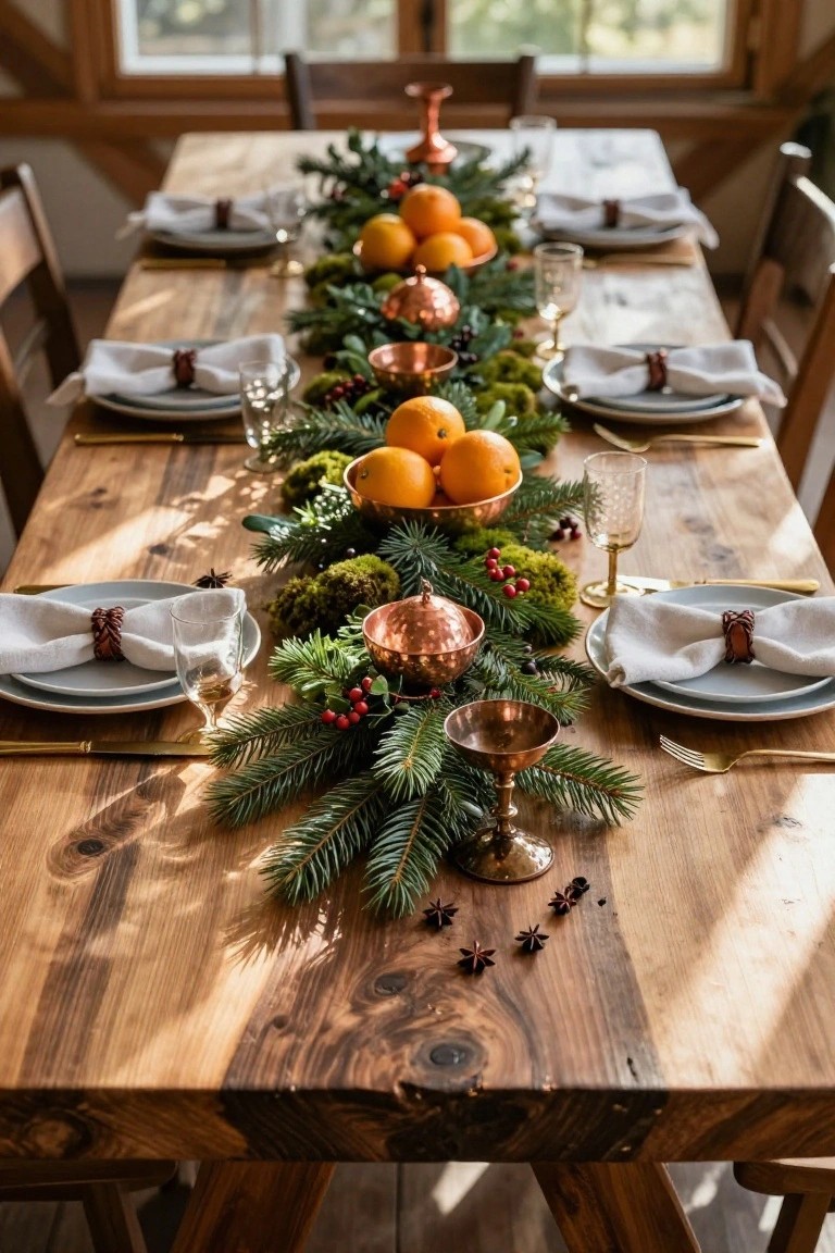 Wooden dining table set for Christmas dinner with a centerpiece runner of fir branches, moss, oranges in copper bowls, berries, gold flatware, white napkins with leather ties, and glassware.