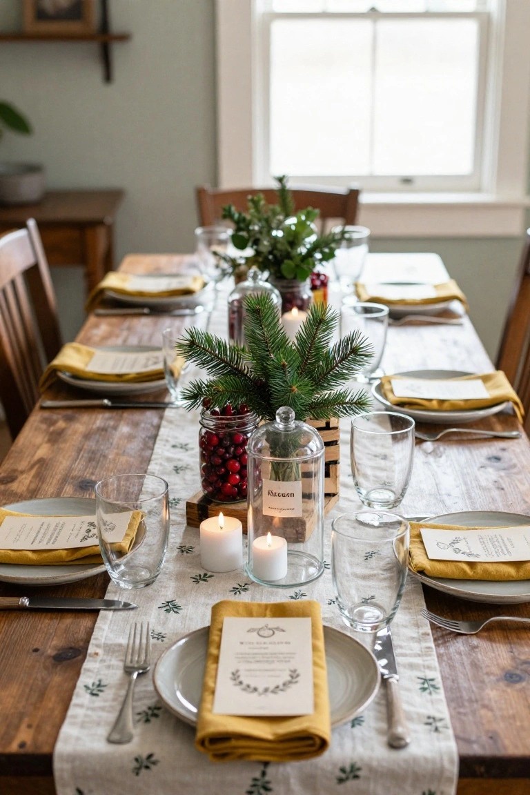 Rustic wooden dining table set for Christmas with beige linen runner embroidered with leaves, yellow napkins holding menus, white plates and glassware, fir branches, red cranberries in glass jars, wooden candle holders with white candles, and place settings.