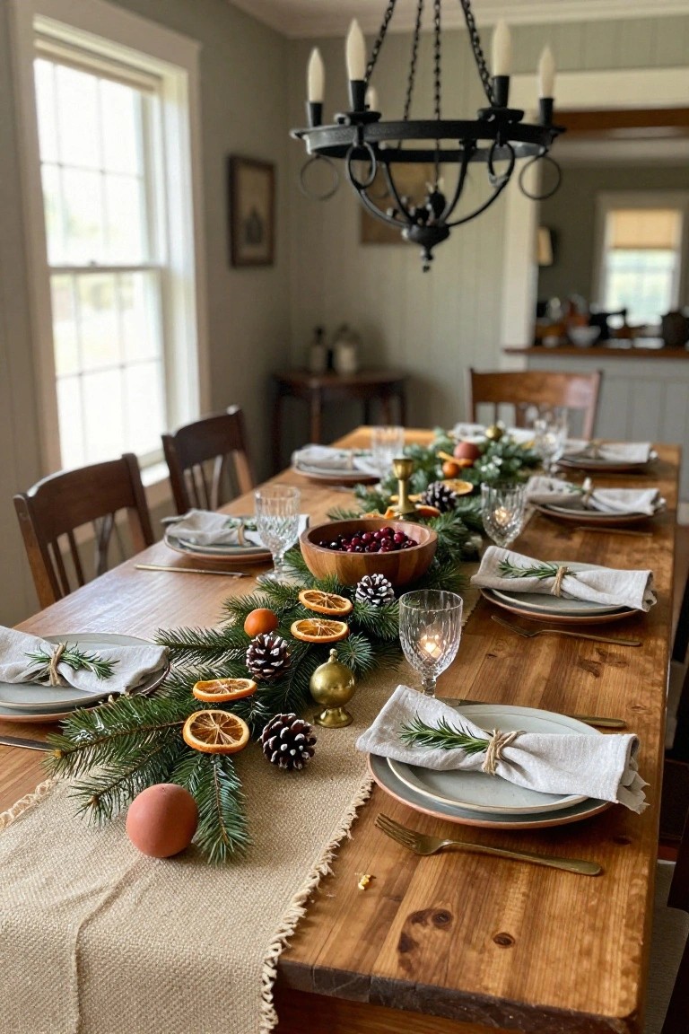 Rustic wooden dining table set for Christmas with burlap runner topped by pine branches, dried orange slices, pinecones, wooden bowl of cranberries, and place settings including linen napkins, plates, glassware, and gold flatware.