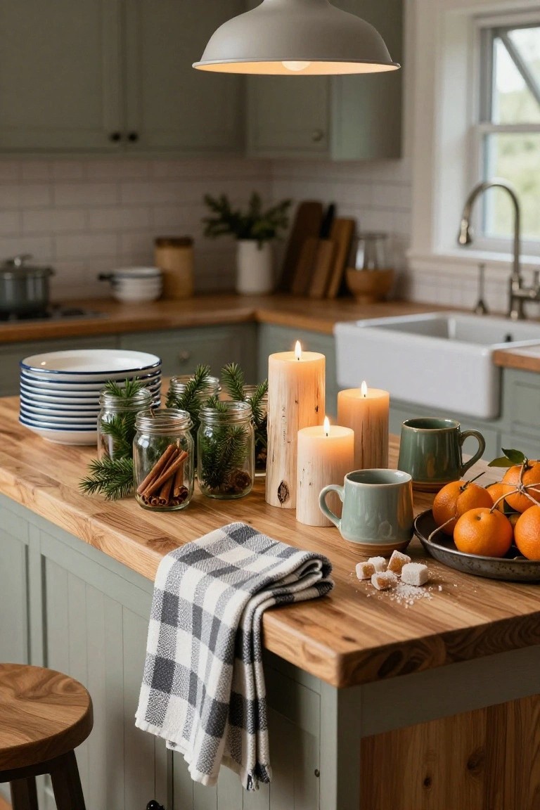 Wooden kitchen island with checkered towel, stacked white plates, mason jars of cinnamon sticks and fir branches, pillar candles, ceramic mugs, oranges on a metal tray, sugar cubes, in a sage green cabinet kitchen with pendant light and farmhouse sink.