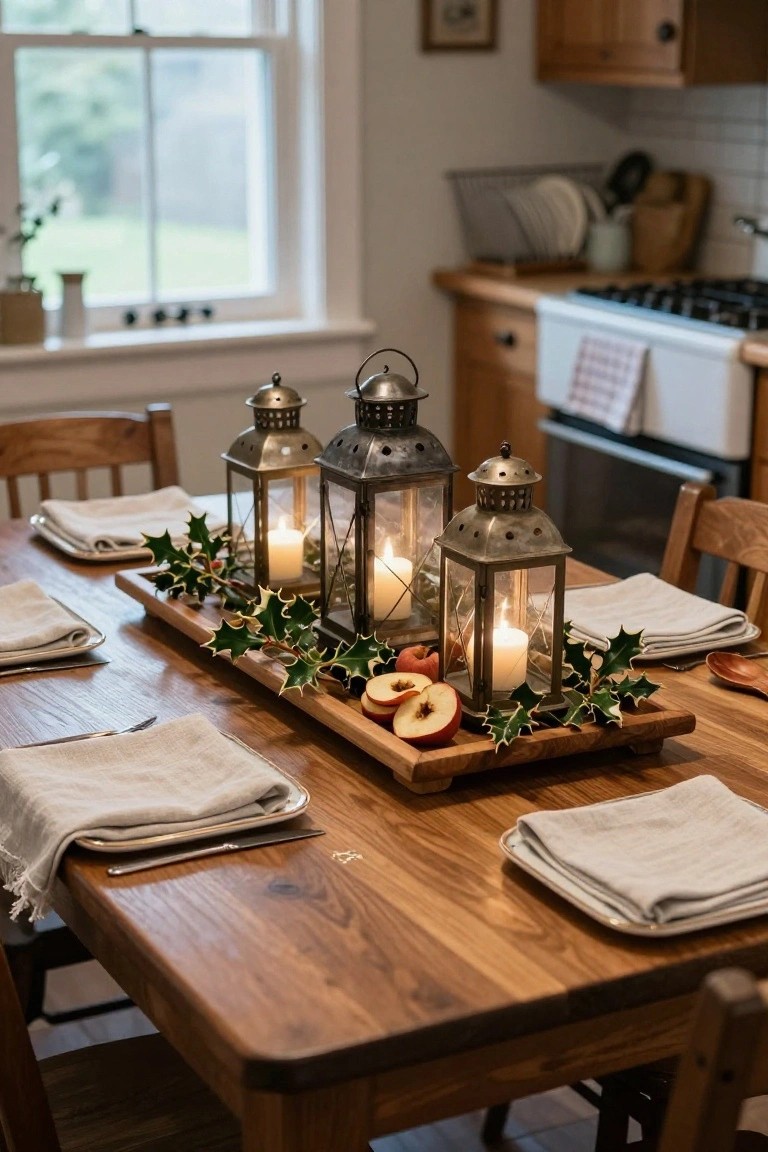 Wooden dining table in a cozy kitchen with a central rectangular wood tray holding three metal lanterns with lit candles, holly branches, and sliced apples and peaches, surrounded by linen napkins, plates, and cutlery on wooden chairs.