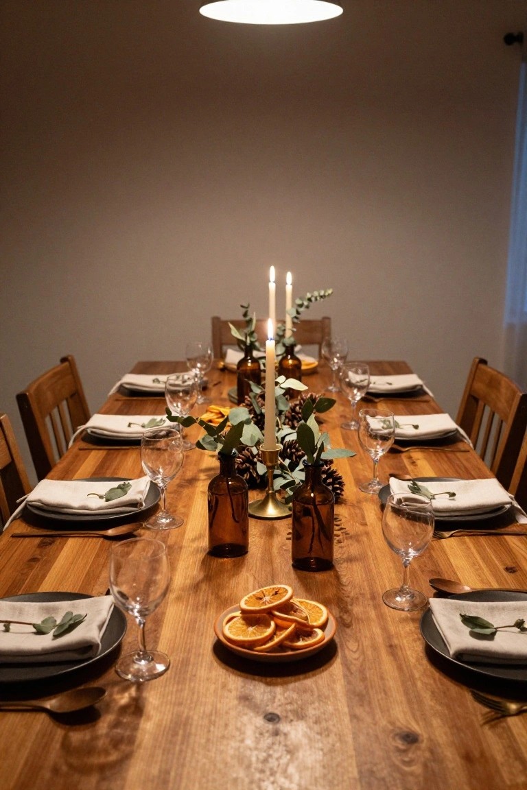 Wooden dining table set for a meal with black plates, linen napkins garnished with eucalyptus leaves, wine glasses, and a lengthwise centerpiece of taper candles in brass holders, eucalyptus branches, pinecones, dried oranges, and small glass vases in a dimly lit room.