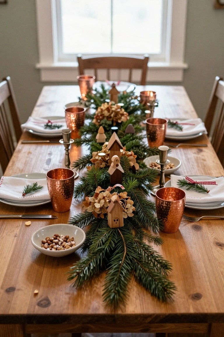 Close-up of a wooden dining table with a Christmas runner made from pine branches, wooden houses and figures, dried hydrangeas, copper cups and tumblers, white plates with red napkins, candles, and a bowl of nuts.