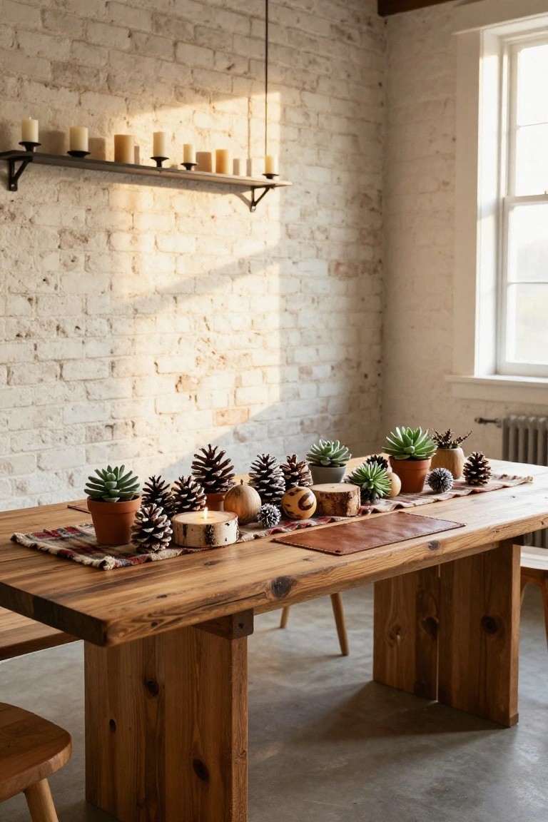 Wooden dining table centered with pinecones, potted succulents, small pumpkins, birch log slices, candles, and a plaid runner against a white brick wall in a sunlit room.