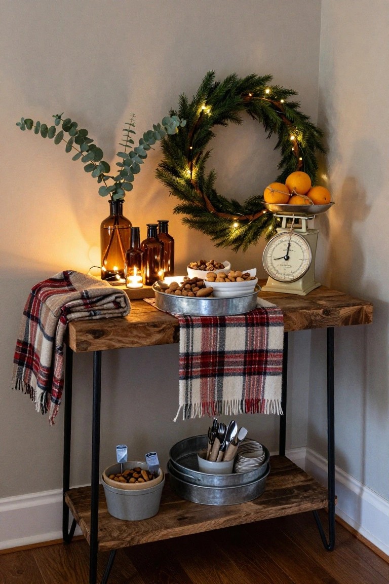 Rustic wooden console table on metal legs in room corner, draped with plaid blanket, holding metal trays of nuts, vintage scale with oranges, glass bottles with branches, candles, small bowls, and utensils, with lit evergreen wreath nearby.
