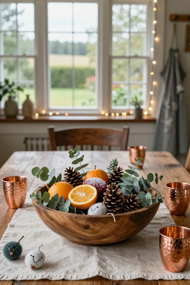 Wooden bowl with oranges, pinecones, and eucalyptus, set on a table with copper cups.