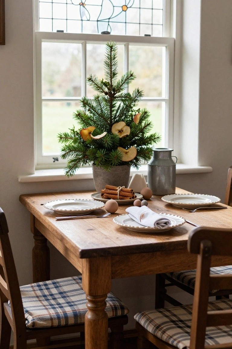 Rustic wooden dining table near a window with stained glass, holding white plates, napkins, cinnamon sticks, and a small potted evergreen tree decorated with dried apple slices, flanked by chairs with plaid cushions.