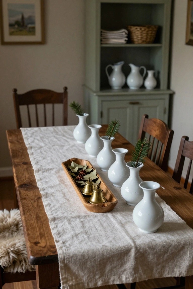 Wooden dining table set with white vases, decorative bells, and greenery on a linen runner.
