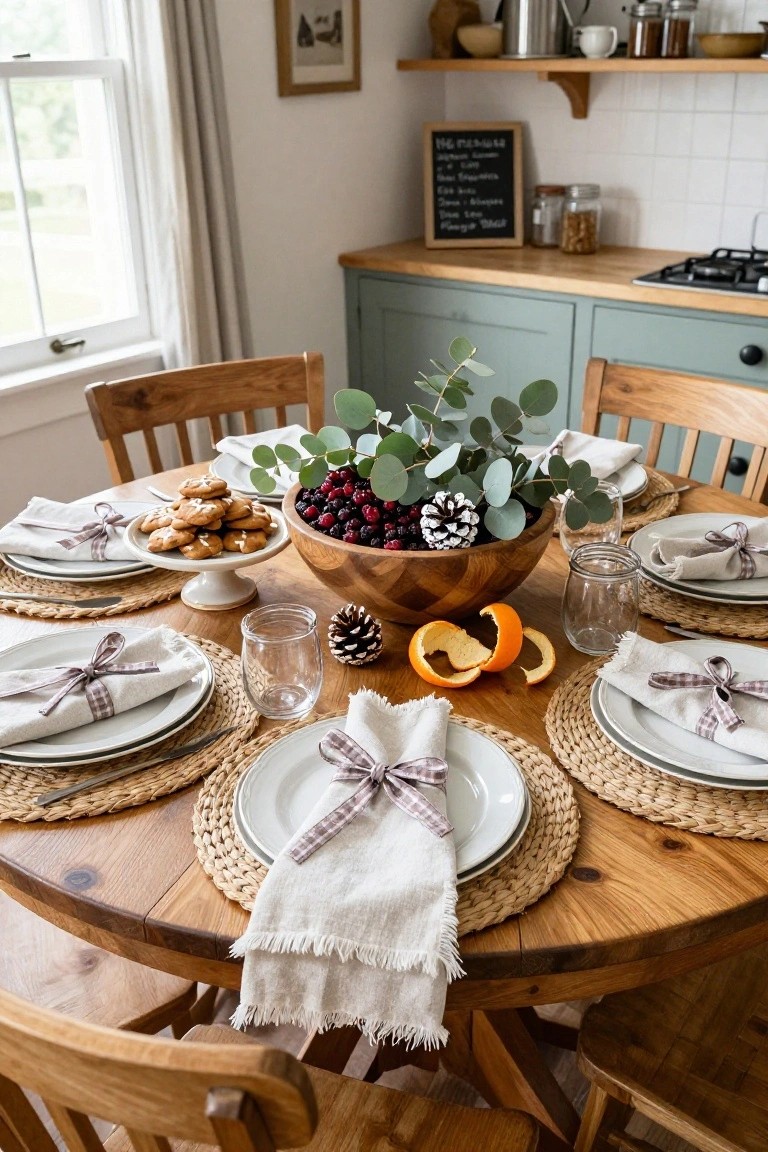 A round wooden dining table set for six with a large wooden bowl centerpiece filled with red berries, eucalyptus branches, and pinecones, white plates tied with plaid ribbons on seagrass placemats, gingersnap cookies on a stand, and wooden chairs in a kitchen.