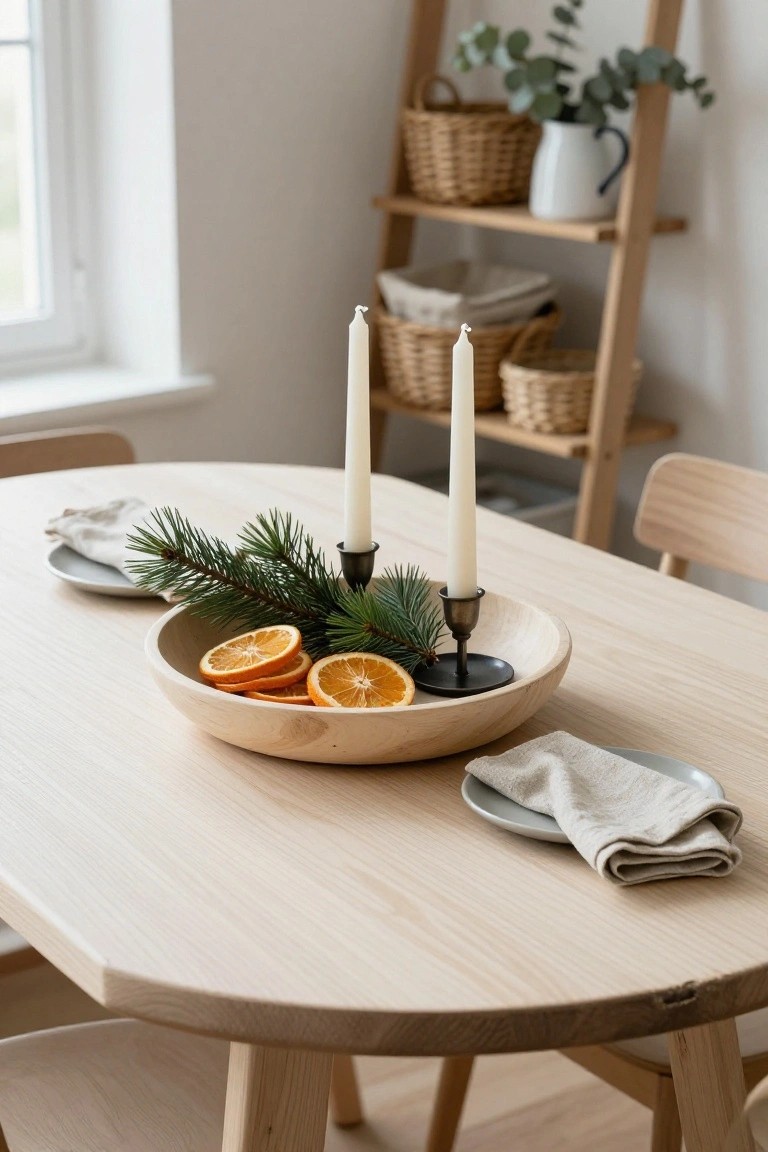 Oval light wood dining table with a large shallow wooden bowl centerpiece holding sliced oranges, pine branches, and two white taper candles in small metal holders, flanked by beige linen napkins on gray plates, wooden chairs, and a ladder shelf with baskets in the background.