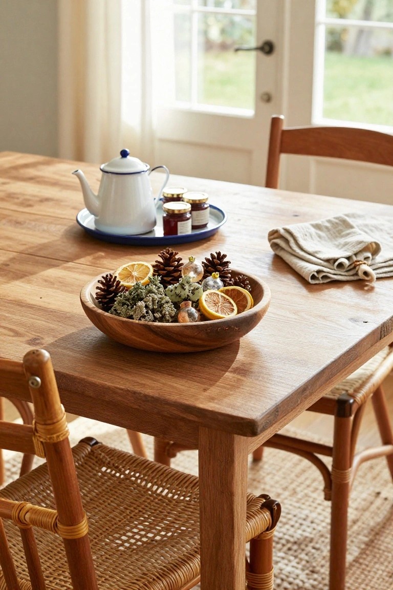 Wooden dining table holding a carved wooden bowl filled with pinecones, dried orange slices, moss clumps, and small glass ornaments, next to a white teapot with blue trim on a blue plate, jam jars, a linen napkin, wooden chairs, and French doors to a garden.