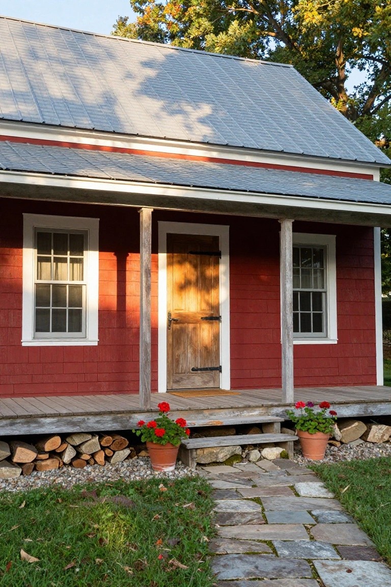 Red clapboard-sided house with metal roof, covered porch supported by wooden posts, wooden door, two windows, potted geraniums on porch steps, firewood stack, and stone path leading through grass.