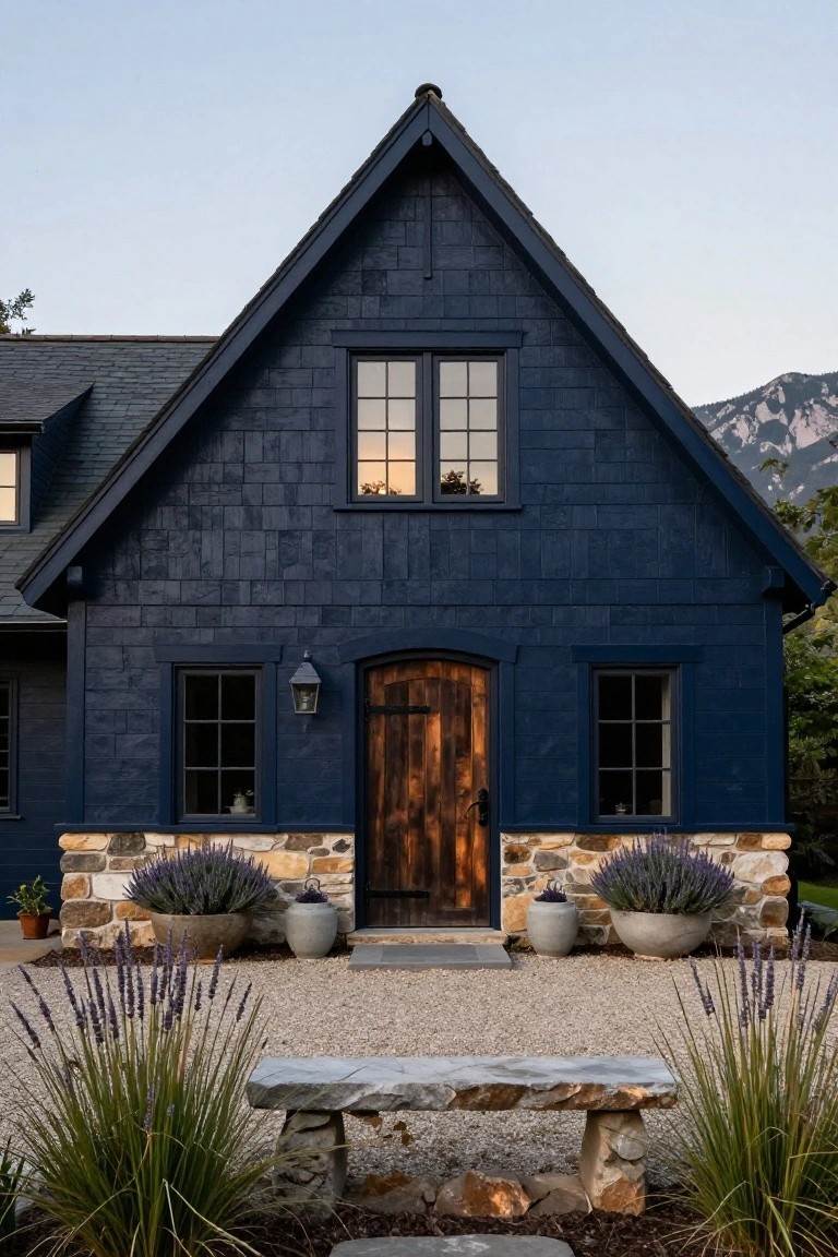 Front view of a two-story house with dark navy blue shingle siding, gabled roof, black-framed windows, arched wooden entry door, lantern light, lavender plants in pots on stone base, gravel path with stone bench and agave plants in foreground, mountains behind.