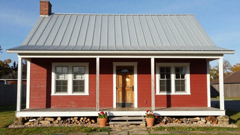 23 Rustic Exterior House Colors Ideas Red clapboard-sided house with metal roof, covered porch supported by wooden posts, wooden door, two windows, potted geraniums on porch steps, firewood stack, and stone path leading through grass.