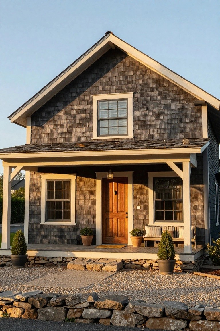 Gray shingle-clad house with white trim, gabled roof, covered front porch, wooden entry door, potted shrubs, bench, lantern light, stone wall, and gravel area in front.