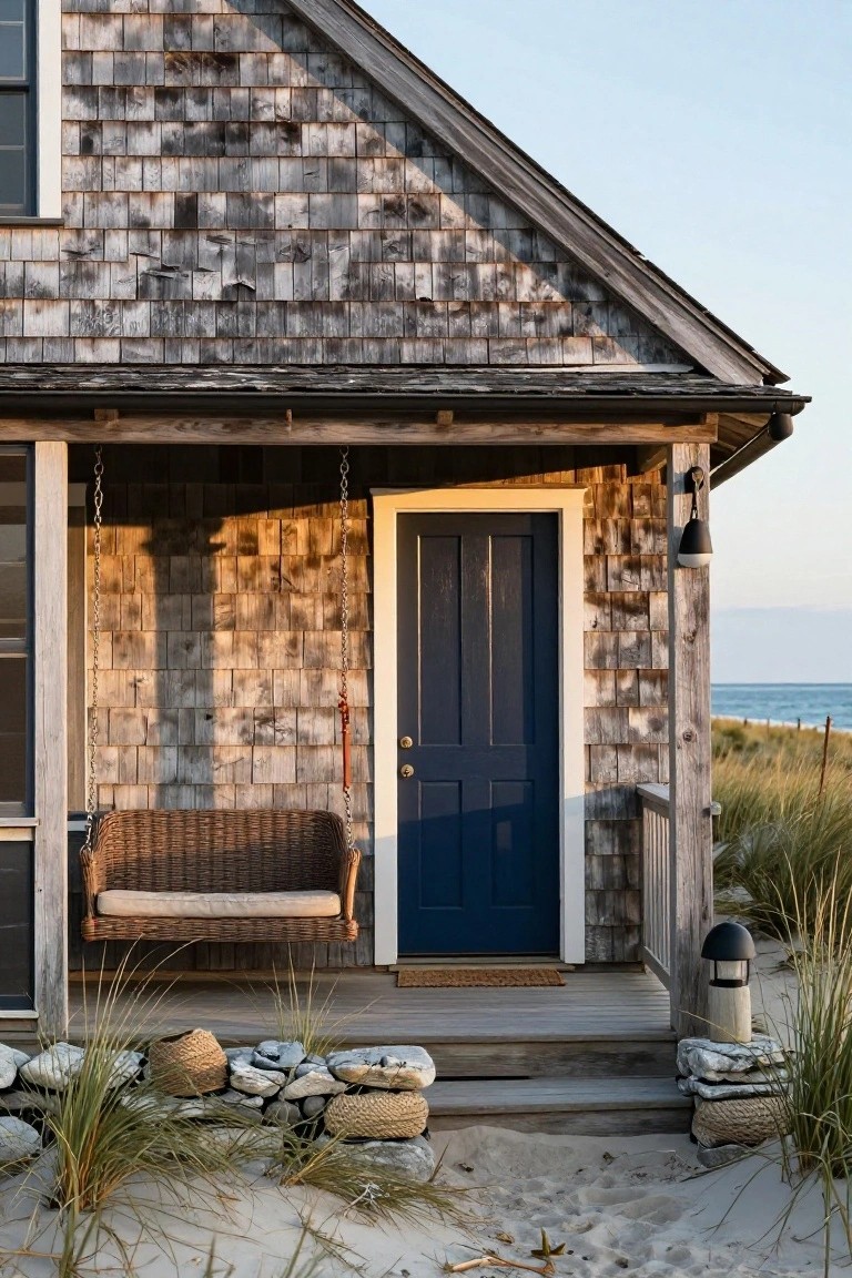 Weathered gray shingle siding on a beach house exterior featuring a navy blue paneled front door, hanging wicker porch swing, lantern light, stone and grass border, and ocean dunes in the background.