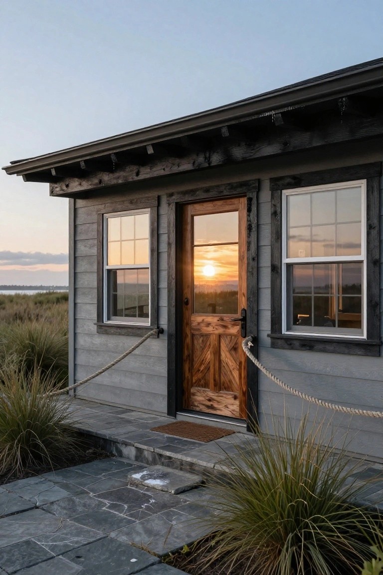 Gray clapboard-sided cabin exterior with wooden door, glass windows, rope accents, stone path, grasses, and marsh view at sunset.