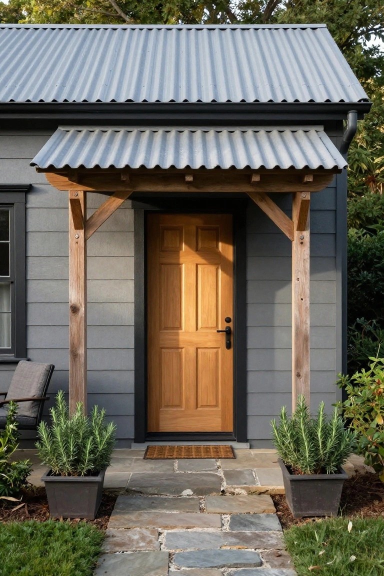 Gray clapboard house exterior with corrugated metal roof and porch, flanked by timber posts, featuring a wooden panel door, stone walkway, potted rosemary plants, and adjacent greenery.