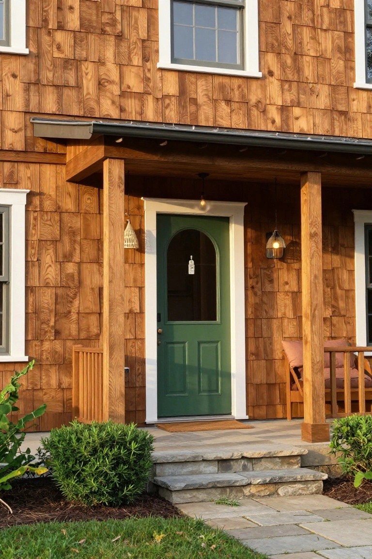 Front exterior of a cedar shingle house with a green arched paneled door under a covered porch with wooden posts, hanging lanterns, Adirondack chairs, stone steps, and low shrubs on either side.