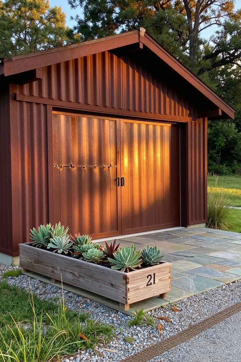 Rustic metal shed with wooden doors, surrounded by succulent plants in a planter.