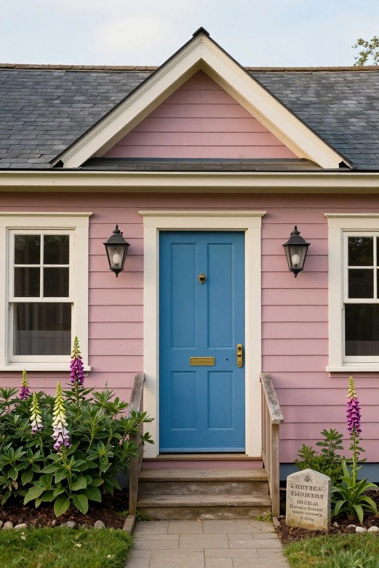 Charming pink house with a blue door, lanterns, and blooming foxglove flowers.