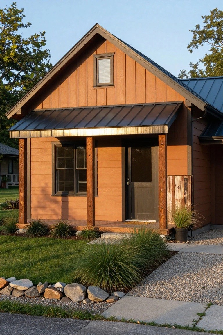 Small single-story cabin with warm orange-brown vertical board-and-batten siding, dark gray metal roof and porch overhang, black front door, flanked by wooden posts, simple landscaping with grass, ornamental grasses, rocks, and gravel path.