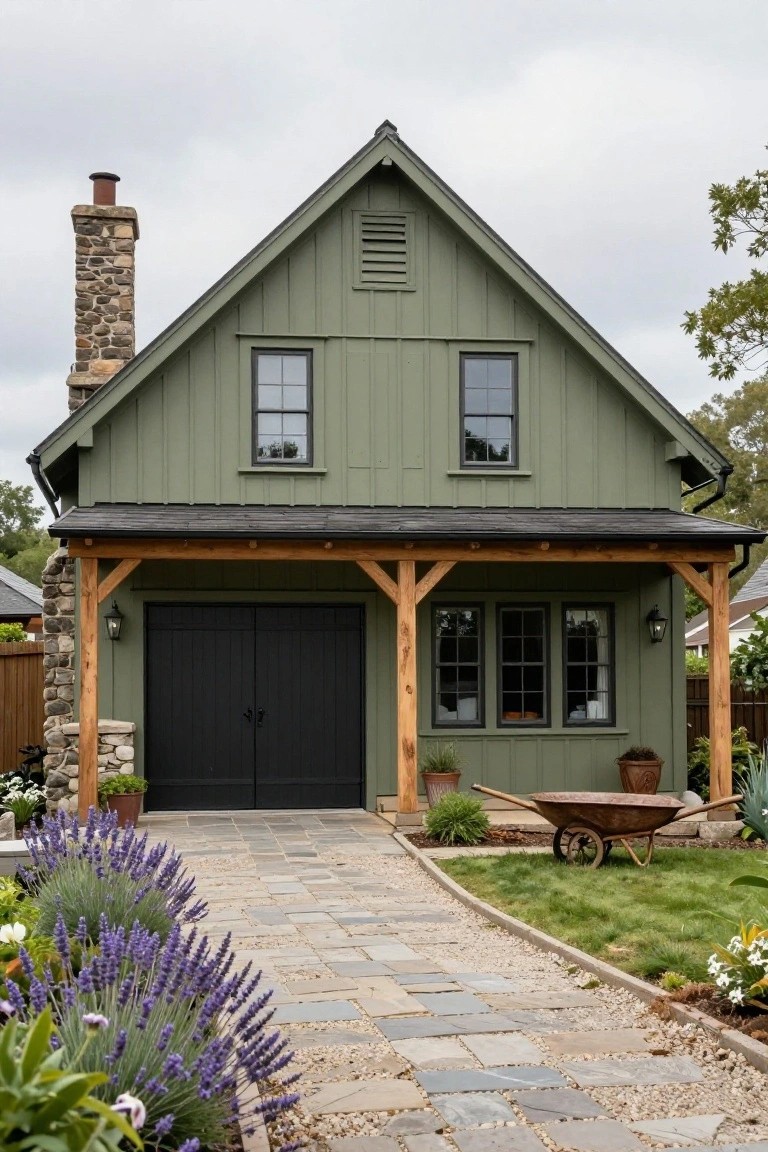 Sage green board-and-batten house exterior with black double garage doors, wooden porch supported by stone pillars, stone chimney, multiple windows, and front yard landscaping including lavender plants, potted greenery, wheelbarrow, and stone pathway.