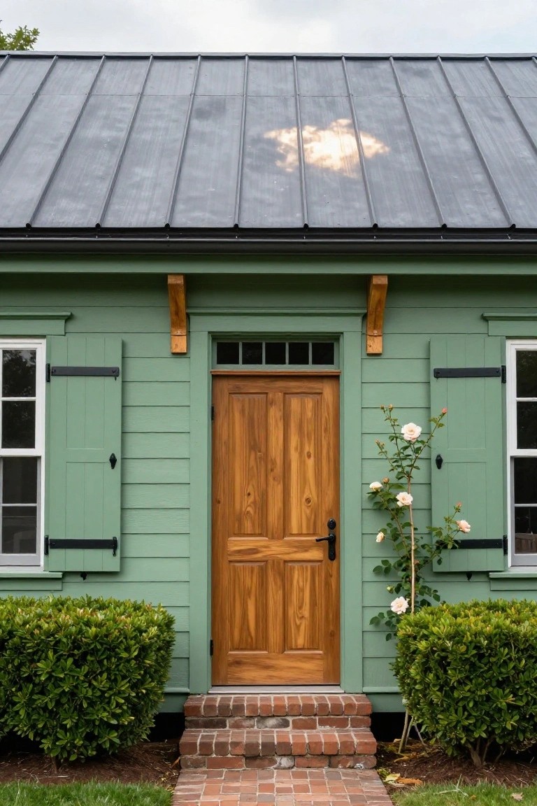 Light green clapboard house exterior with wooden double doors, green shutters, climbing roses, boxwood shrubs flanking brick steps, and a dark metal roof.