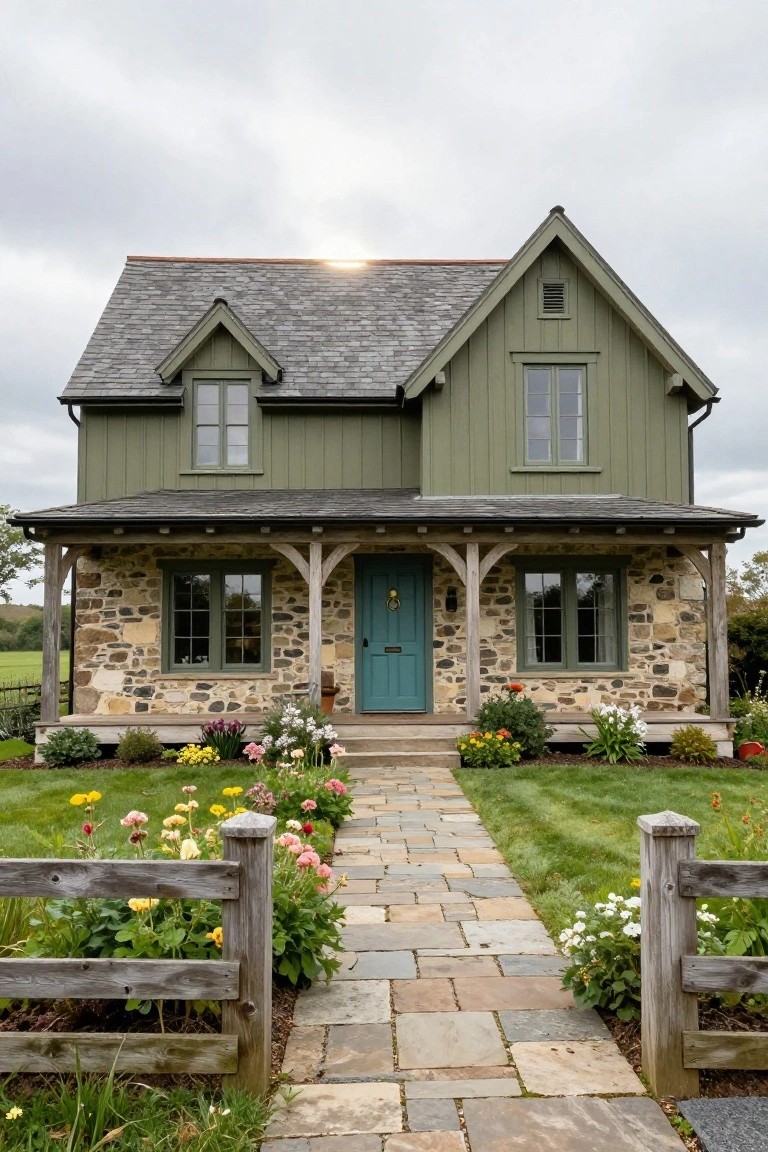 Two-story green clapboard house with gabled roof, stone base on one side, wooden porch, turquoise front door, and stone pathway lined with flowers and wooden fence.