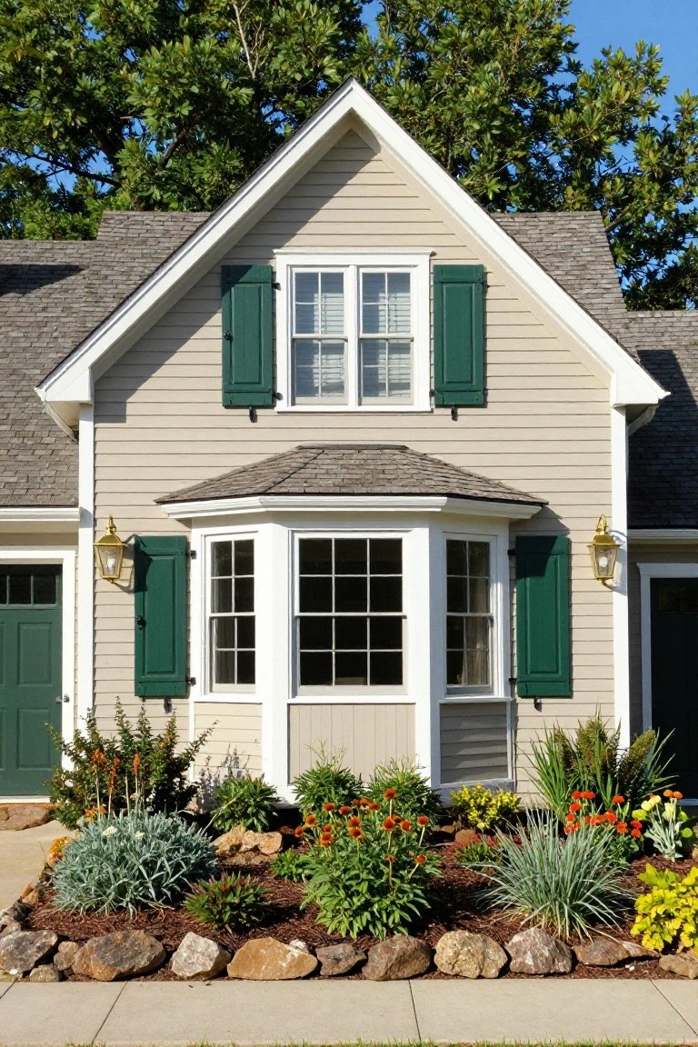 Beige clapboard house with green shutters on upper windows and bay window, white trim, shingled roof sections, green garage door, lantern lights, and front landscaped bed of rocks, shrubs, grasses, and flowers along a concrete walkway.