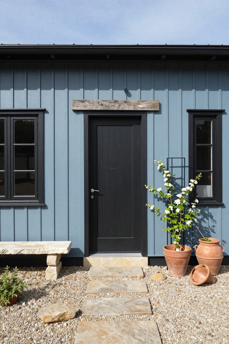 Light blue vertical clapboard siding on a small house exterior with black-framed windows and door, wooden beam above the entry, stone bench, terracotta pots with plants, and a stone path on gravel ground.