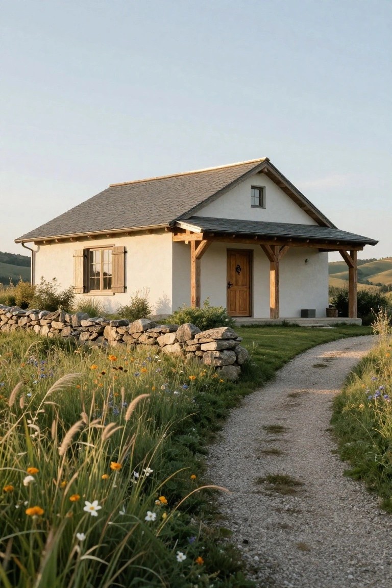 Small single-story house with white plaster walls, wooden door and covered porch, dark slate roof, bordered by a dry stone wall, gravel path, wildflowers, and rolling green hills.