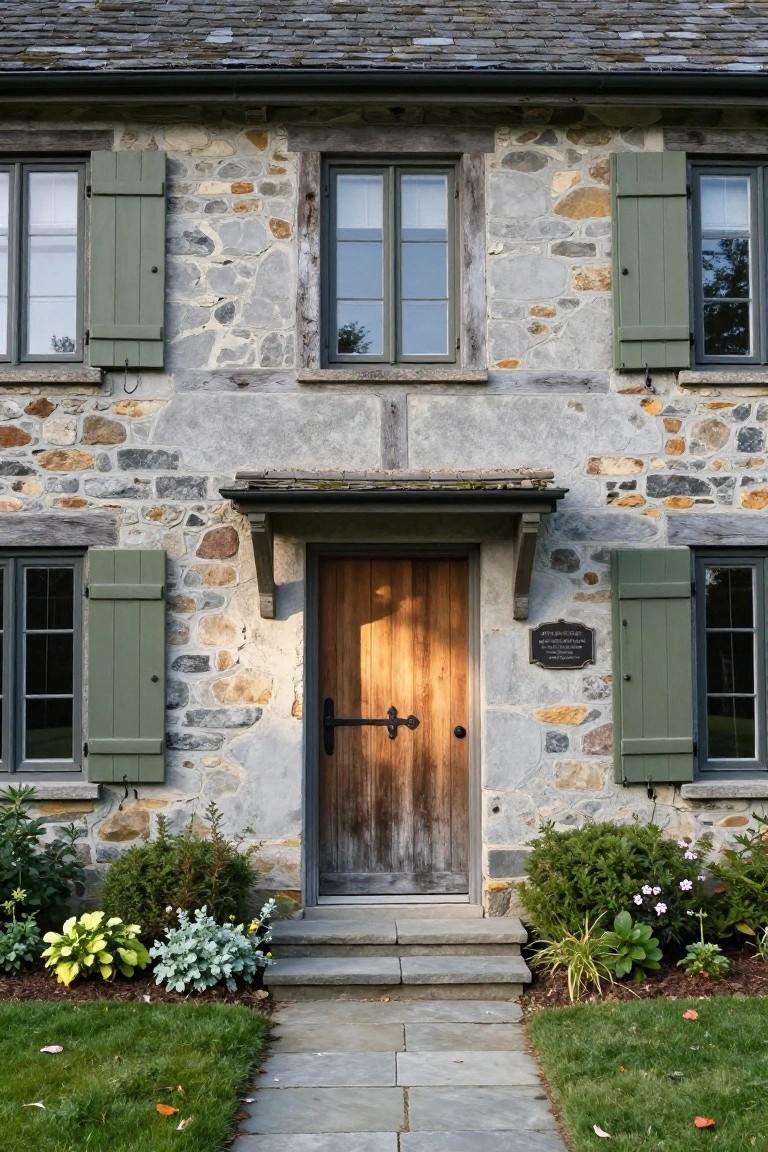 Front exterior of a two-story fieldstone house with sage green shutters on the windows, a wooden front door, stone steps, and low plantings along a slate path in a grassy yard.