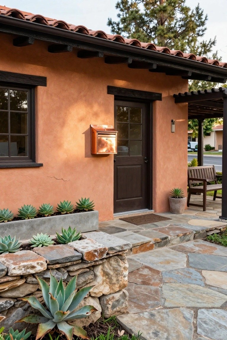 Rustic house facade with peach-toned stucco walls, dark wood front door, copper mailbox, black-framed windows, terracotta tile roof, stone steps, flagstone path, and succulent plantings in planters and beds.