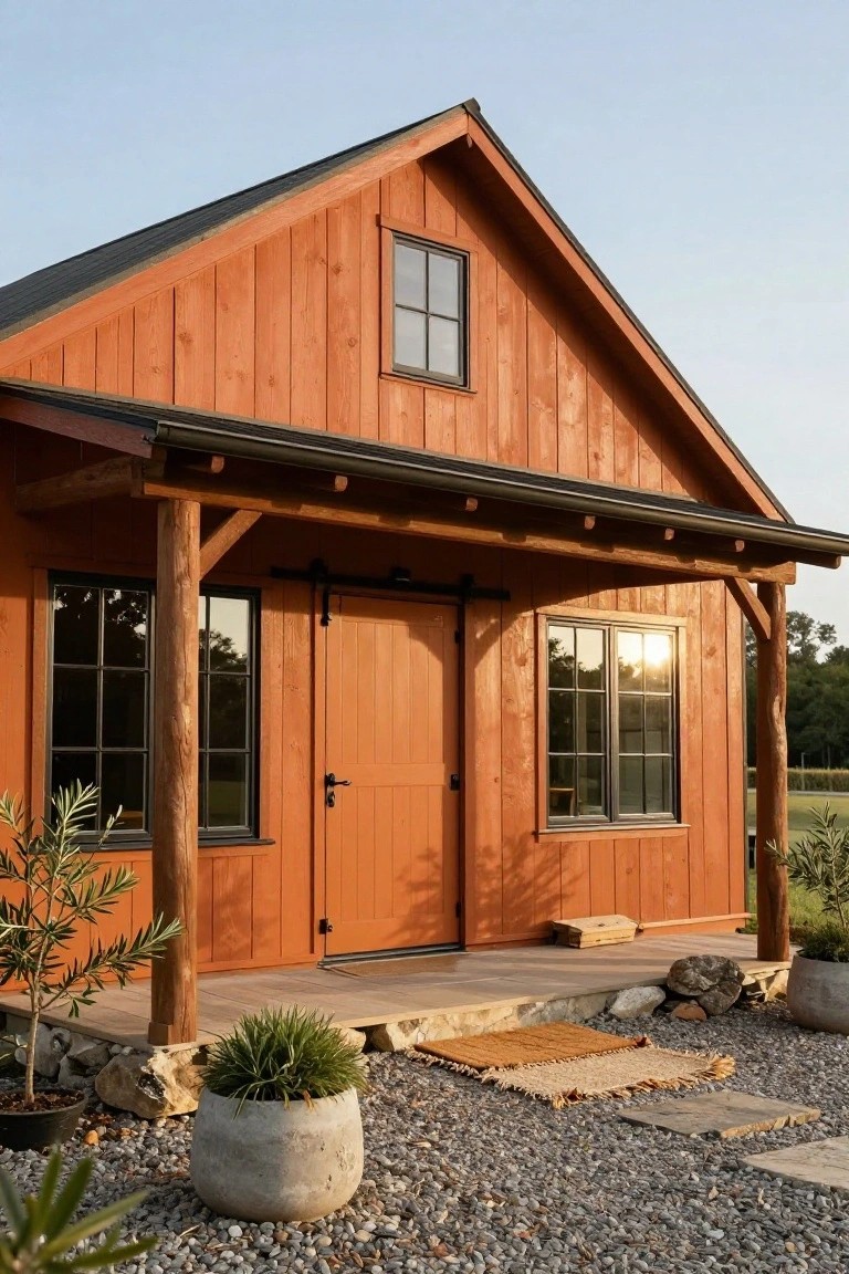 A small gabled cabin with reddish-brown vertical wood siding, black metal roof, covered porch supported by log posts, barn door entry, and gravel yard with potted plants and stone accents.