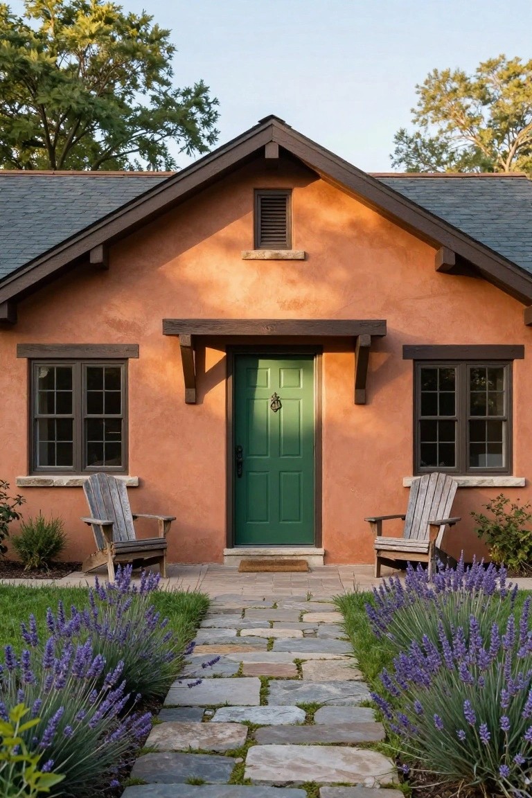 Rustic house facade with terracotta stucco walls, dark green front door, two wooden Adirondack chairs on stone sills, lavender plants bordering a flagstone pathway.