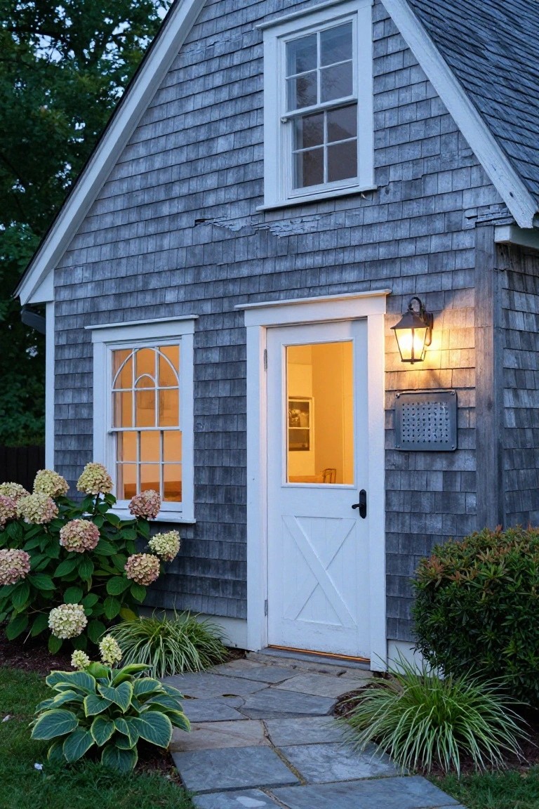 Gray shingled cottage exterior with white door, fanlight window, and rectangular window, illuminated by wall lantern, flanked by hydrangeas and stone path at dusk.