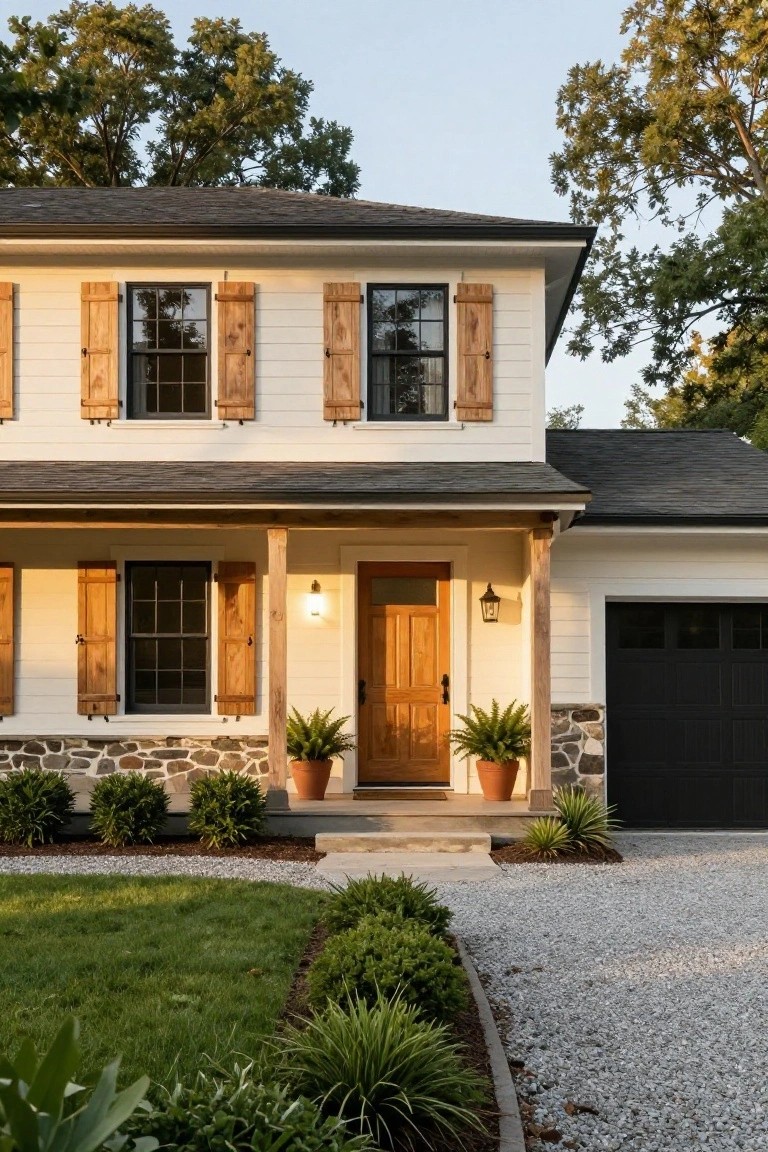 Two-story house exterior with white board-and-batten siding, black-framed windows, wood shutters and porch elements, wood front door, stone foundation, potted plants on porch, and gravel driveway edged by low shrubs and grass.