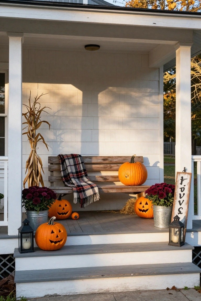 White clapboard porch with wood bench draped in red and black plaid blanket, orange carved pumpkins on and around bench, cornstalks, mums in galvanized buckets, hay bales, lanterns on steps.