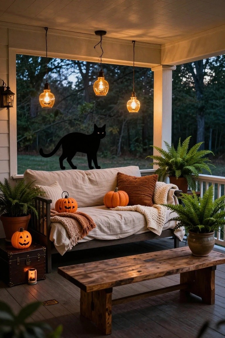 Rustic covered porch with beige sofa covered in pillows, blankets, and orange pumpkins, flanked by potted ferns and ferns, wooden bench, lanterns hanging above, and black cat silhouette on window at dusk.