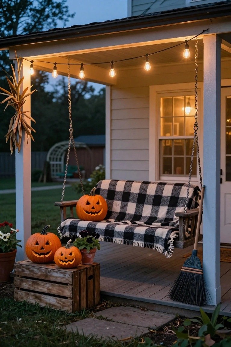 Wooden porch swing draped with a black-and-white plaid blanket and two carved jack-o-lanterns on the seat, flanked by potted flowers and a crate of pumpkins, with string lights and cornstalks on a gray house porch at dusk.