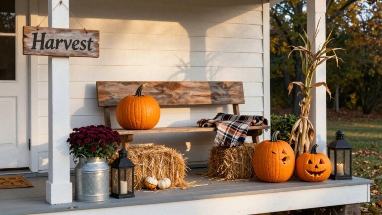 White clapboard porch with wood bench draped in red and black plaid blanket, orange carved pumpkins on and around bench, cornstalks, mums in galvanized buckets, hay bales, lanterns on steps.