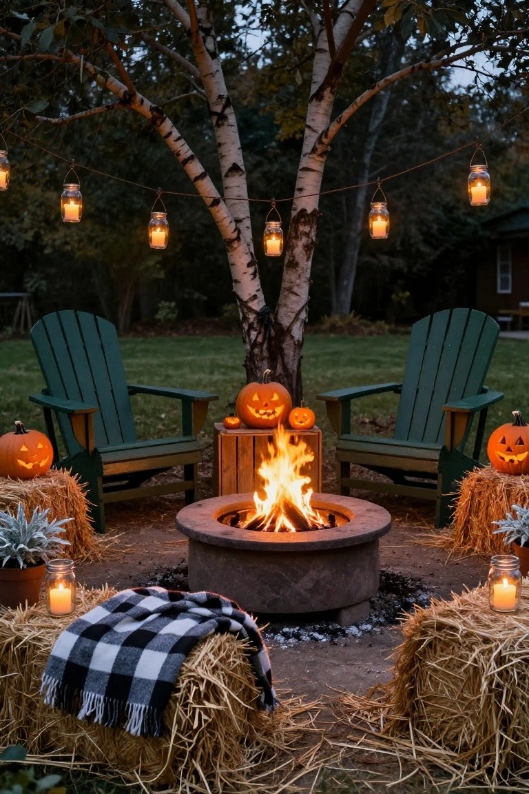 Stone fire pit with flames burning in a backyard patio surrounded by green Adirondack chairs on hay bales, carved pumpkins, mason jar lanterns hanging from birch tree branches, and additional hay bales with a plaid blanket.