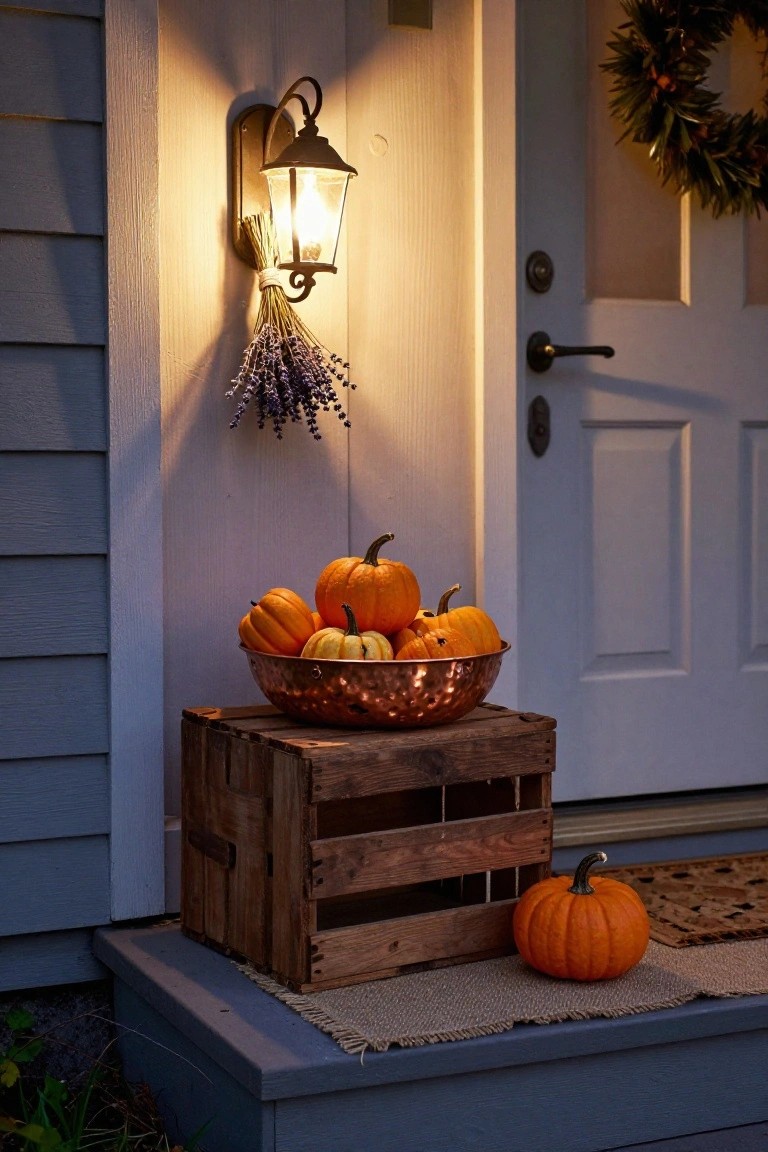 Front entry stoop of a gray-sided house with white door, copper bowl of assorted orange pumpkins on wooden crate, wall lantern with lavender bundles, evergreen wreath on door, single pumpkin on woven mat, at dusk.
