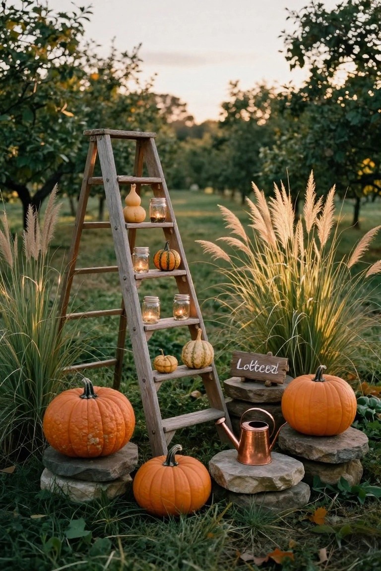 Wooden A-frame ladder in an autumn garden used as shelves holding mason jars with candles, small pumpkins, and a gourd, flanked by pampas grass, with larger pumpkins on stacked rocks, a copper watering can, and a wooden sign reading 