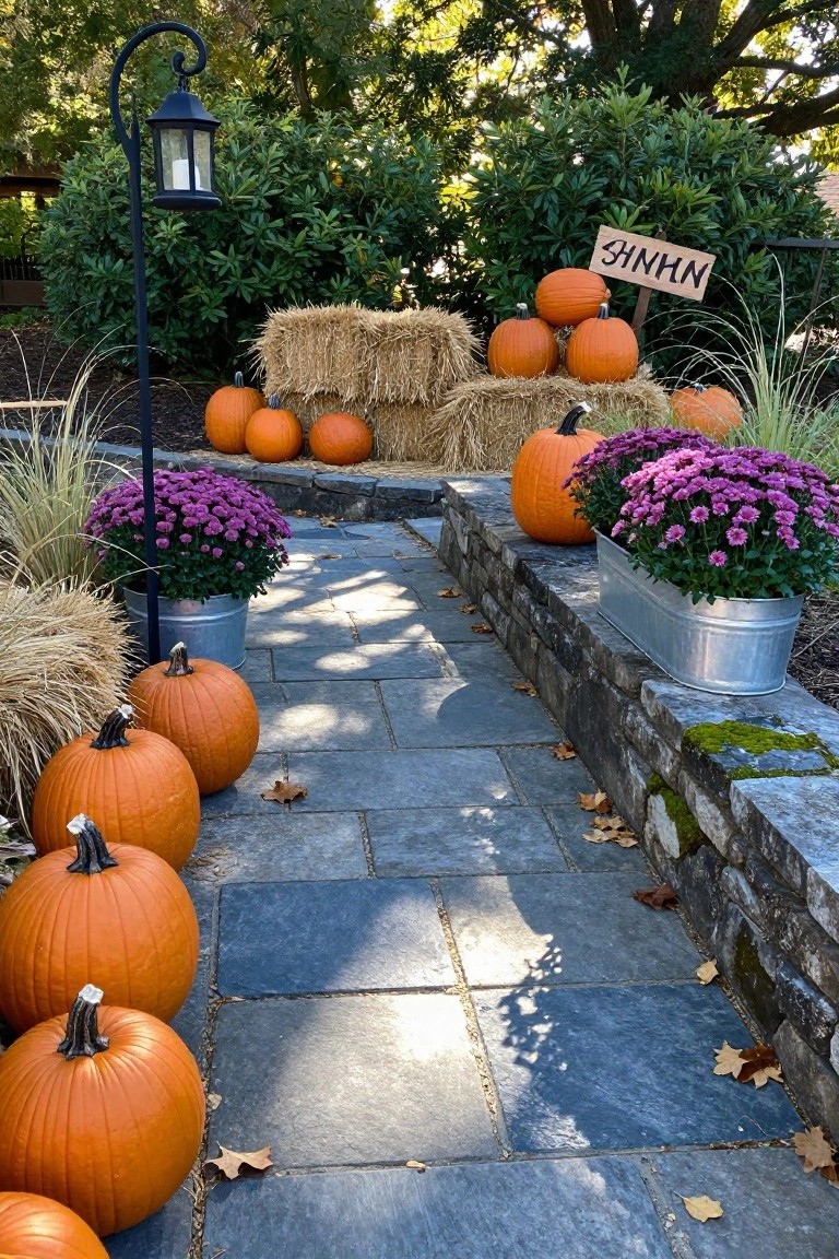 Stone pathway lined with orange pumpkins along one side, next to a low mossy wall with purple mums in metal buckets, hay bales, ornamental grasses, and a black lantern post in a garden setting with fall leaves.